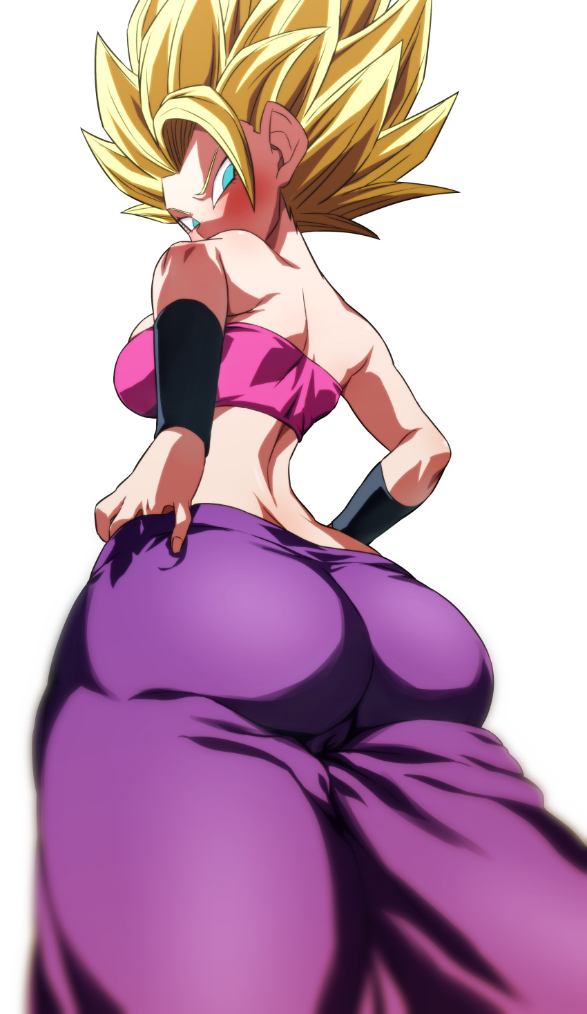 1girls absurd_res alien_human alien_look_like_human ass big_ass big_butt blonde_hair breasts caulifla dragon_ball dragon_ball_super extraterrestrial extraterrestrial_human eye_contact female female_focus high_resolution looking_at_another looking_at_viewer low-angle_view rom saiyan short_hair shounen_jump solo standing super_saiyan super_saiyan_2 thick_thighs thighs tight_clothing tight_pants white_background young_woman