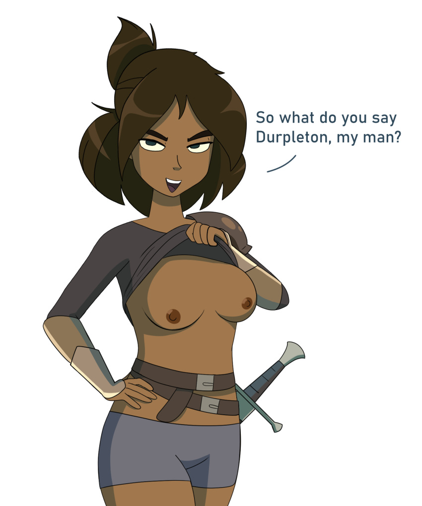 1girls areolae blue_eyes breasts brown_hair centaurworld cropped_legs dark-skinned_female dark_blue_eyes dark_nipples dark_skin dialogue english_text female female_focus female_only female_solo flashing flashing_breasts impstripe lifting_shirt nipples no_bra plain_background rider_(centaurworld) shirt_lift shirt_up short_hair shorts solo solo_female speaking sword tagme talking talking_to_another text thighs white_background