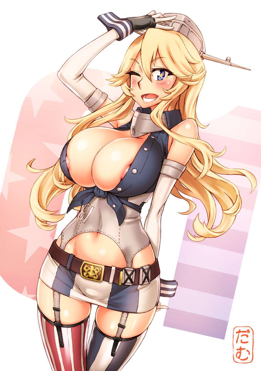 areola_slip areolae asymmetrical_legwear belt belt_buckle blonde_hair blue_eyes blush breasts buckle damu_ningen elbow_gloves female front-tie_top garter_straps gloves hair_between_eyes headgear highres huge_breasts iowa_(kantai_collection) kantai_collection long_hair microskirt mismatched_legwear navel one_eye_closed open_mouth skirt smile solo star-shaped_pupils star_(symbol) striped striped_legwear striped_skirt symbol-shaped_pupils thighhighs vertical-striped_legwear vertical-striped_skirt vertical_stripes wrist_cuffs