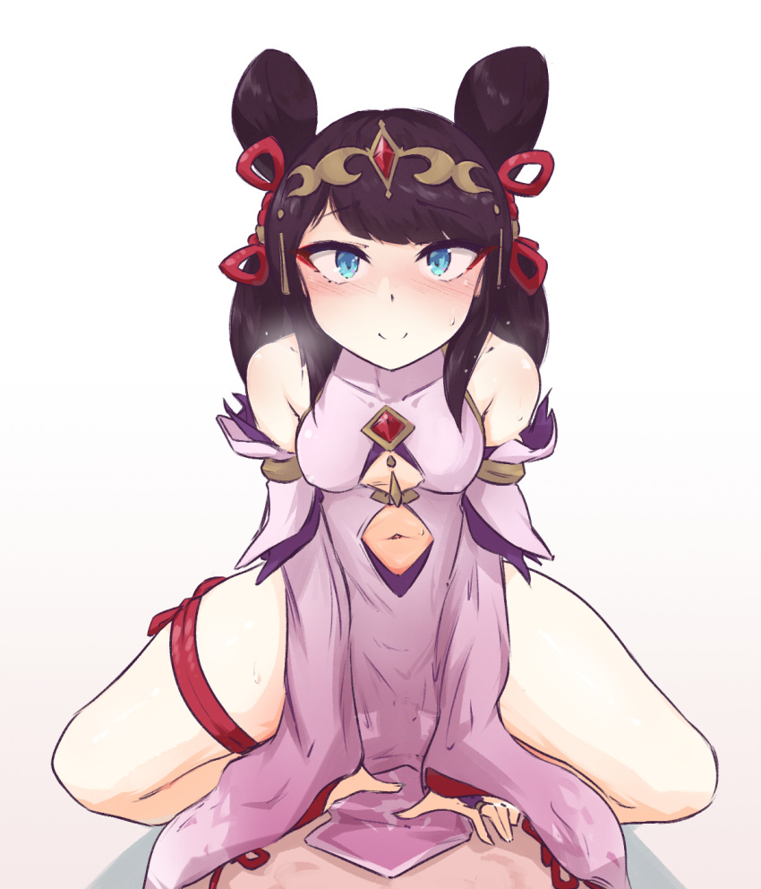 1girls ame_no_habanero asian_clothing black_hair blue_eyes blush clothed clothed_female_nude_male clothed_sex cowgirl_position cygames double_bun dragalia_lost eye_contact first_person_view fully_clothed happy happy_sex implied_sex implied_vaginal light_skin lin_you long_hair looking_at_viewer nintendo petite pov riding silhouette small_breasts smile teenager tiara vaginal_penetration