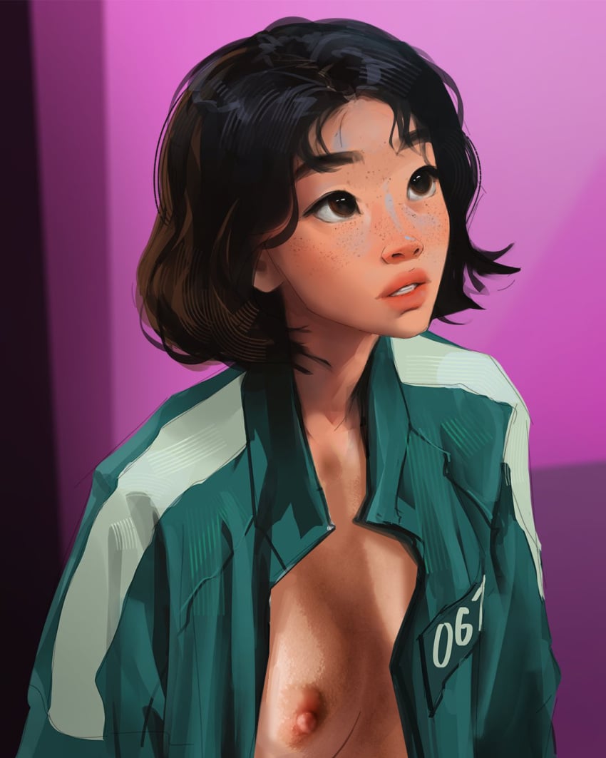 asian black_hair boobs breasts brown_hair freckles freckles_on_face green_jacket jacket kang_sae-byeok korean_female kosine1777 looking_up netflix nipples open_jacket realistic samdoesarts short_hair skinny small_breasts squid_game tomboy