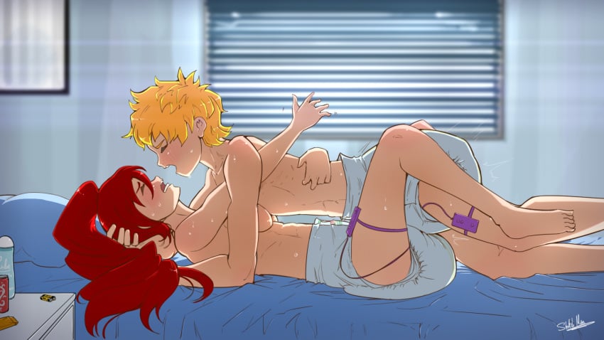 1boy 1boy1girl 1girls abdl climax diaper diaper_sex diapered_lovers high_ponytail jaune_arc long_hair lovers making_out missionary_position ponytail pyrrha_nikos red_hair rutting rwby shiny_hair shiny_skin sidelocks sketchmandl vibrator vibrator_cord wholesome