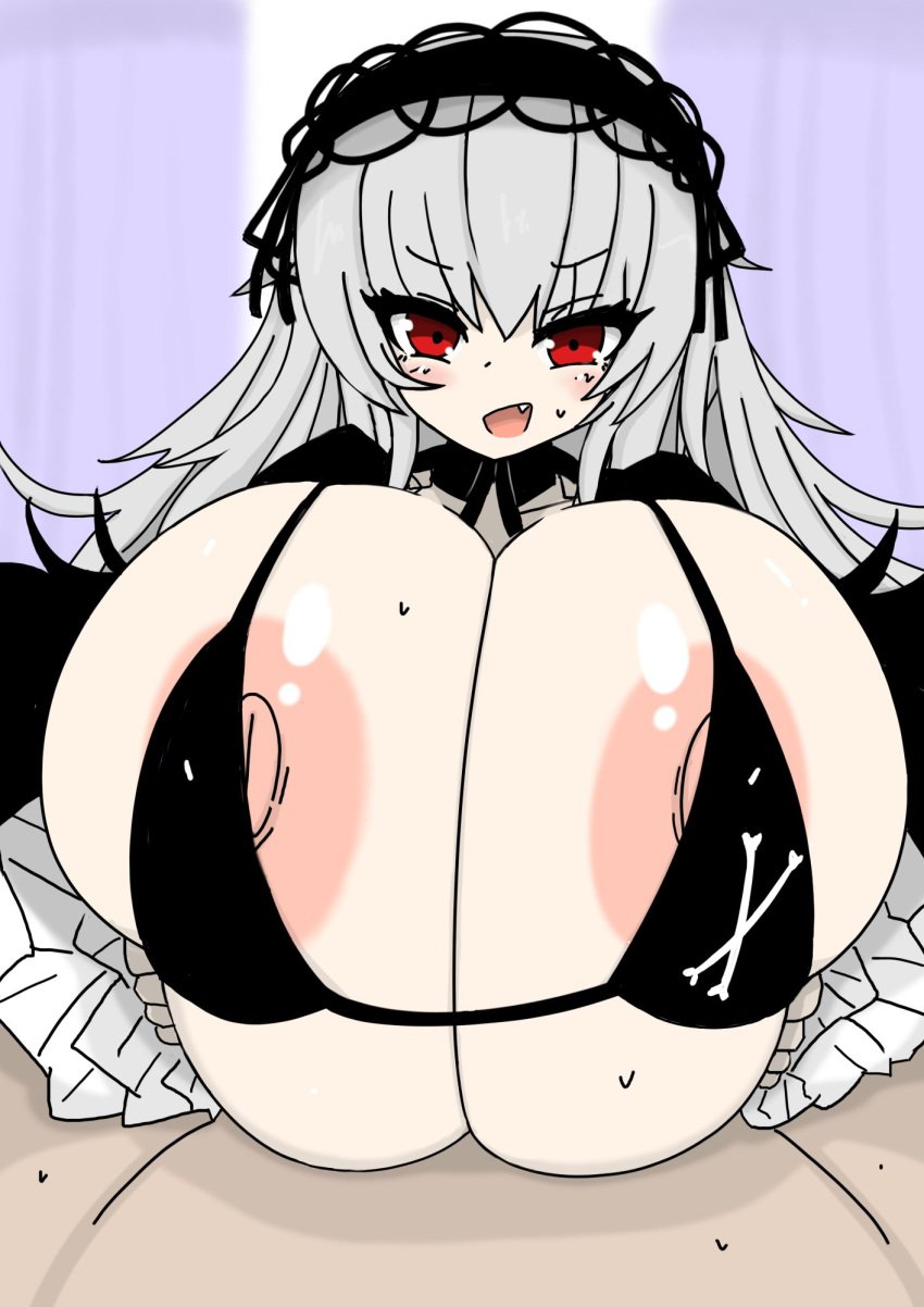 big_breasts bikini bimbo blush breasts fangs female gigantic_breasts goth gothic_lolita huge_breasts hyper_breasts large_breasts looking_at_viewer male massive_breasts paizuri pov red_eyes rozen_maiden suigintou titjob vaba white_hair