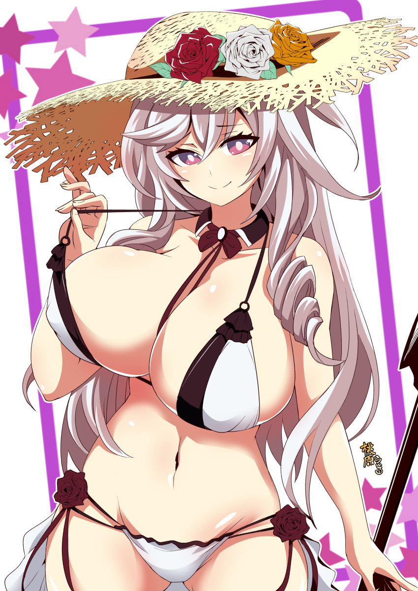 1girls absurdres algerie_(azur_lane) algerie_(white_sand_paradise)_(azur_lane) azur_lane bikini breasts brown_bikini commentary_request covered_nipples detached_collar drill_hair drill_locks eyebrows_visible_through_hair female female_only flower grey_hair hat hat_flower highres huge_breasts light-skinned_female light_skin long_hair looking_at_viewer momohara_rile multi-strapped_bikini multiple_straps official_alternate_costume pulled_by_self purple_eyes red_flower red_rose rose shiny shiny_skin simple_background smile solo strap_pull straw_hat sun_hat swimsuit two-tone_bikini vichya_dominion_(azur_lane) white_bikini white_flower white_rose yellow_flower yellow_rose