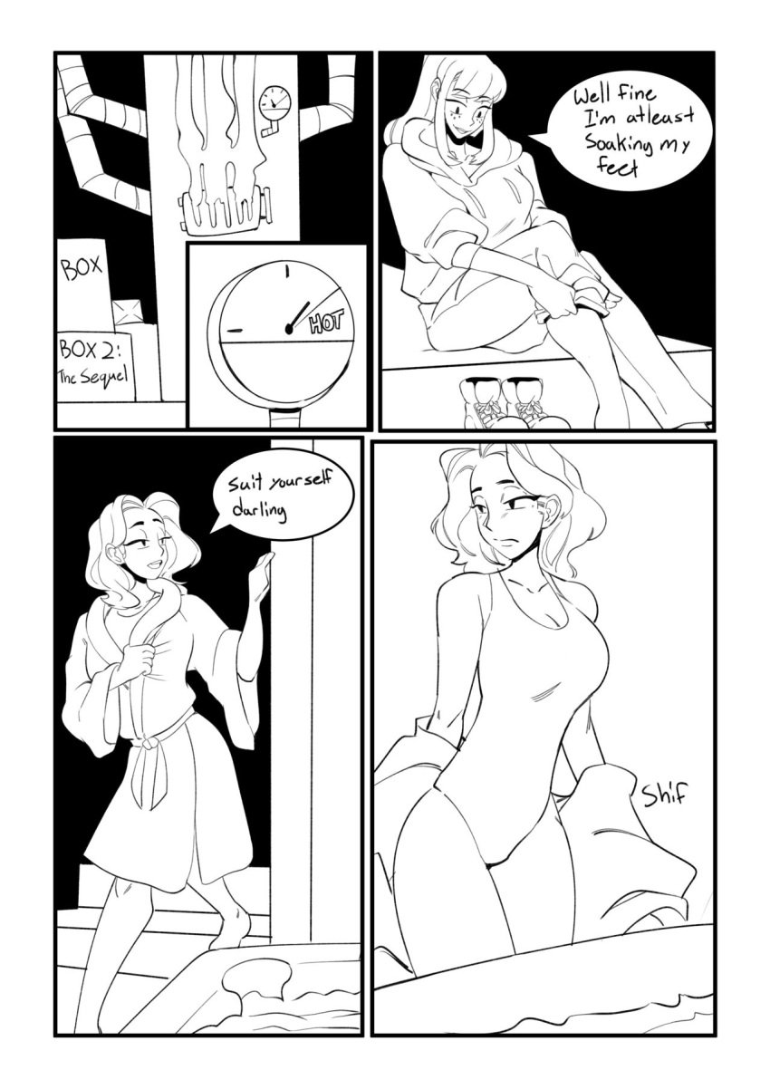 bimbophi breasts cleavage comic comic_page female_only hi_res long_hair monochrome ponytail thick_thighs wide_hips yuri