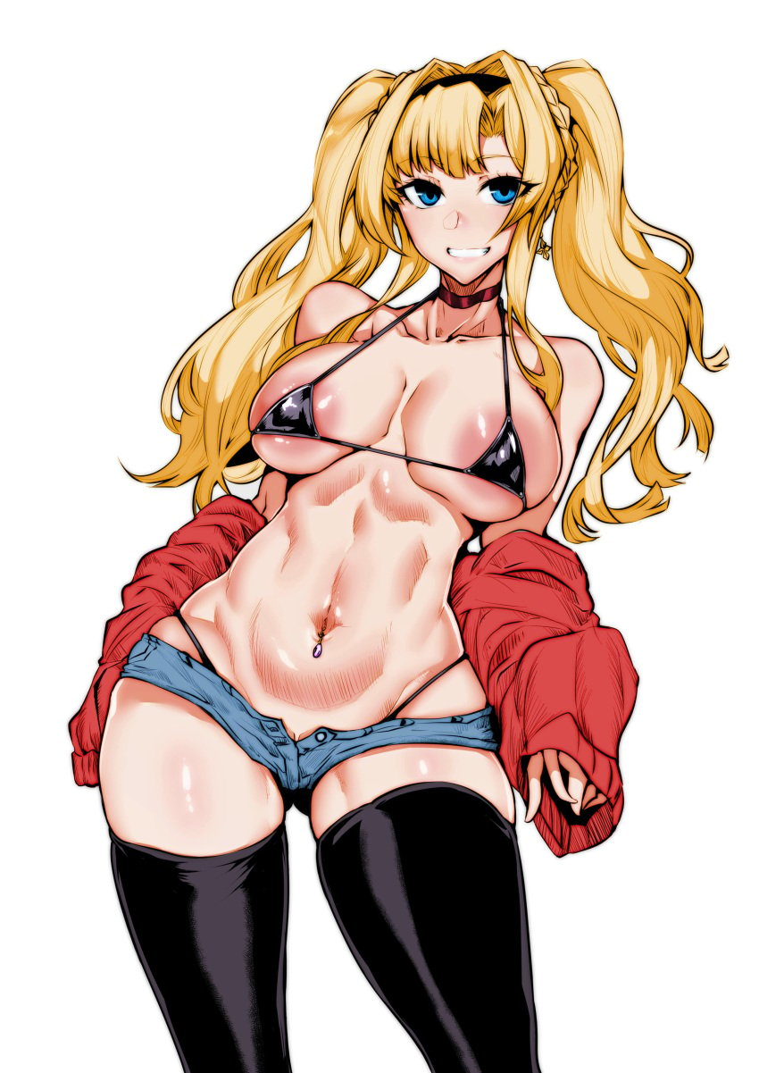 absurdres areola_slip areolae bangs bare_shoulders bikini blonde_hair blue_eyes blush breasts choker cleavage collarbone female gggg granblue_fantasy grin hair_intakes hairband highleg highleg_bikini highres jacket large_breasts long_hair long_sleeves looking_at_viewer micro_shorts navel navel_piercing off_shoulder open_clothes open_jacket piercing shorts simple_background smile solo swimsuit thighhighs thighs thong_above_shorts thong_straps twintails white_background zeta_(granblue_fantasy)