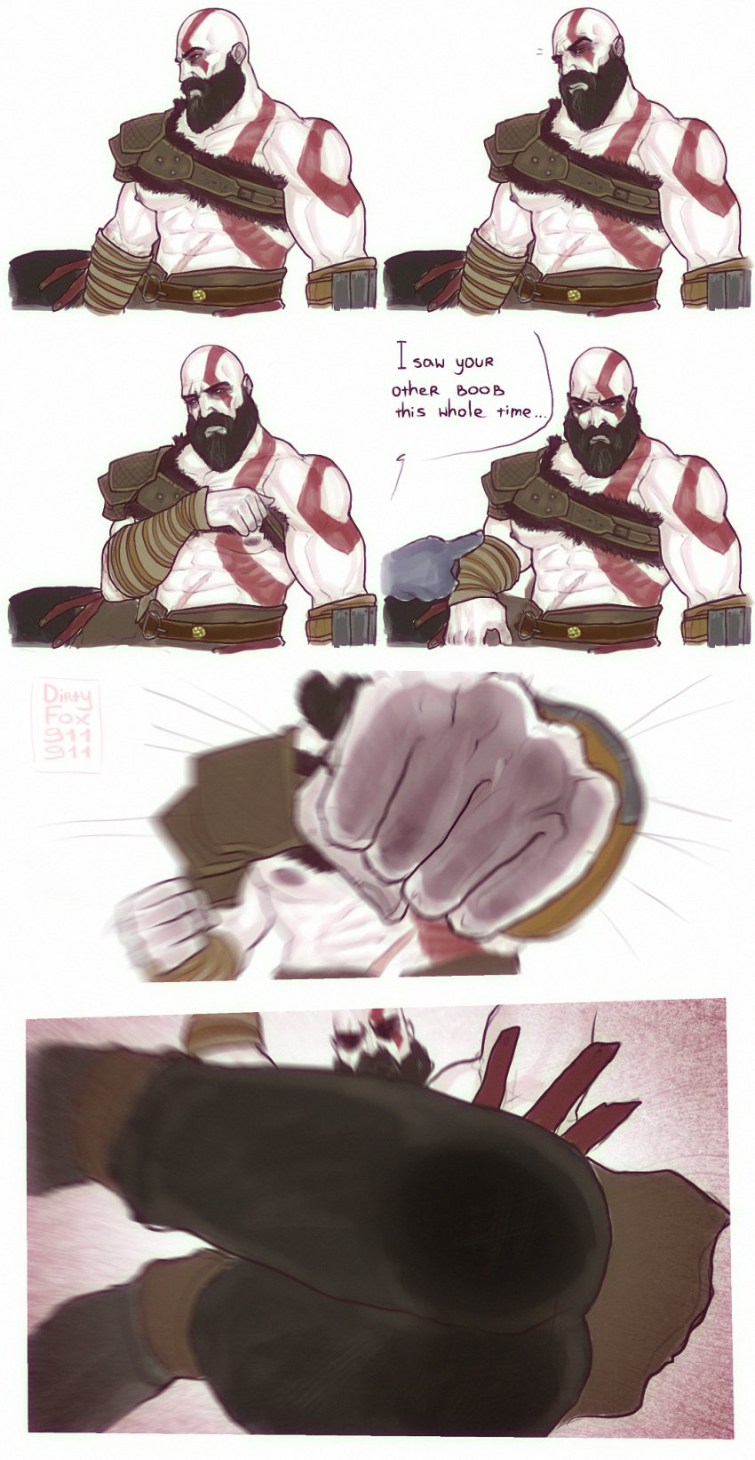 armor bald bara beard comic exposed_nipples gay god_of_war kratos leather male male_only meme miserdirt muscular_male self_upload tattoo white_skin