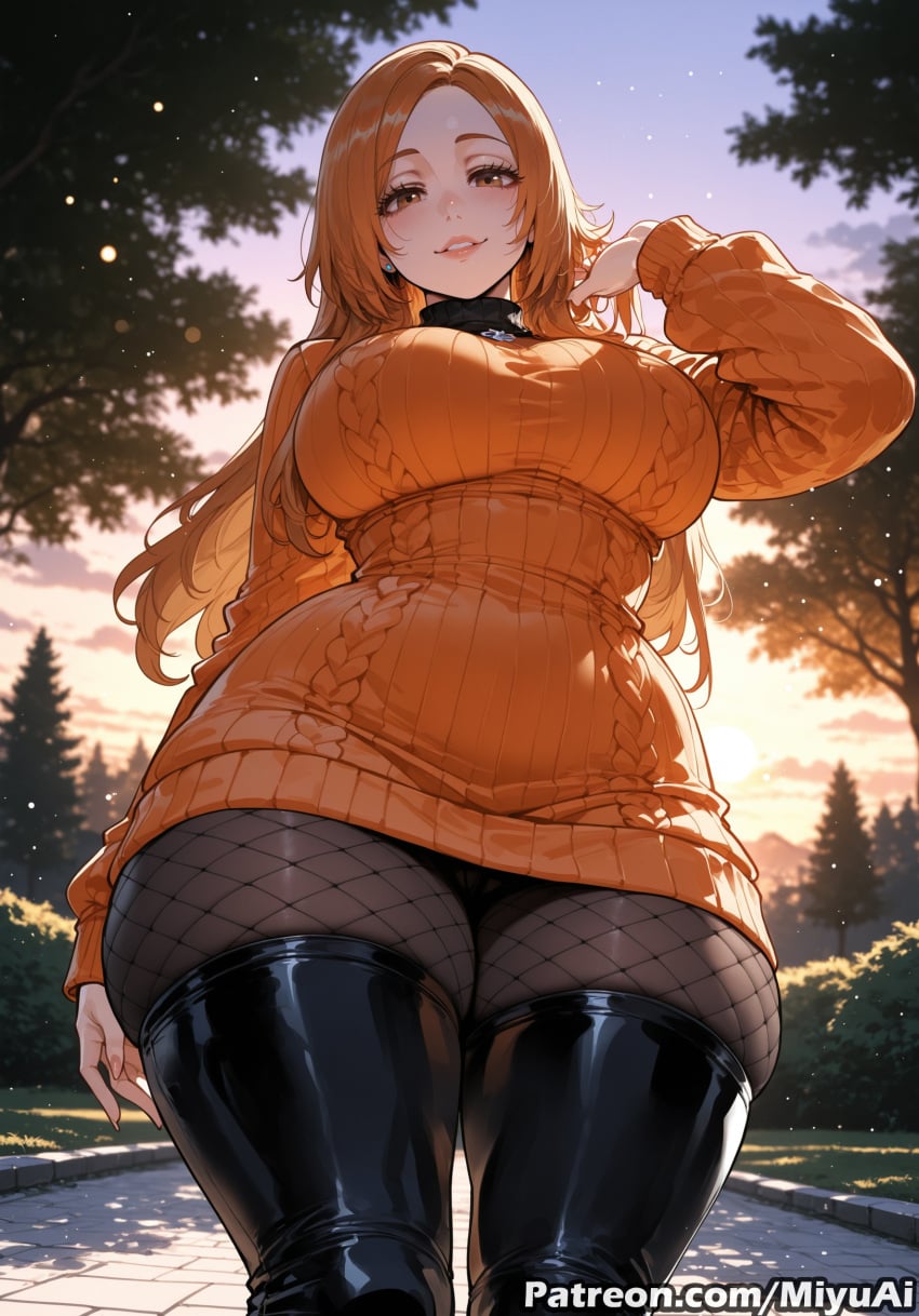 orihime_inoue bleach orange_hair mature_female pawg miyuai ai_generated ai_assisted thick_thighs thick_ass thick thick_legs thick_hips thick_butt wide_hips wide_thighs voluptuous voluptuous_female curvy curvy_figure curvaceous curvy_female female breasts 1girl fishnets rating:safe from_below tree solo sweater boots fishnet_legwear long_hair pantyhose large_breasts looking_at_viewer thighhighs black_footwear outdoors thigh_boots sky smile blush thighs parted_lips black_legwear ribbed_sweater sweater_dress long_sleeves