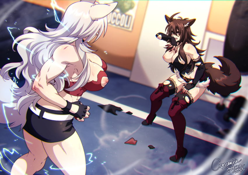 2girls abs brown_hair catfight crescentia deathblight exposed_breasts ferania_(deathblight) fight fighting_ring fit fit_female high_heels kemonomimi long_hair multiple_girls muscles muscular muscular_female pink_eyes red_(deathblight) sparring sweat tired torn_clothes training wet white_hair wolf_ears wolf_girl wolf_tail