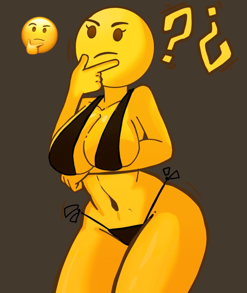 1girls arm_under_breasts bald bald_female bald_woman big_breasts bikini black_panties dot_eyes emoji emoji_(race) emojification interrogation meme mob_face tagme thinking tight_clothing tight_panties tight_underwear yellow_body yellow_skin