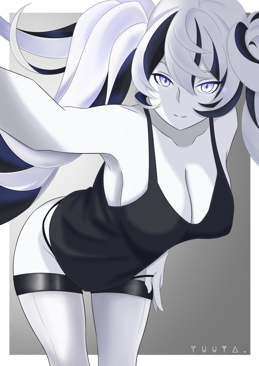 absurdres abyssal_ship alternate_costume armpits artist_name bangs battleship_hime battleship_hime_(cosplay) black_panties black_tank_top blue_eyes breasts cleavage collarbone cosplay cowboy_shot escort_water_princess female glowing glowing_eyes hair_between_eyes highres kantai_collection large_breasts long_hair looking_at_viewer outside_border panties panty_tug reaching_out shinkaisei-kan sidelocks smile solo tank_top thighhighs twintails underwear white_hair yuuta_(yuuta0312)