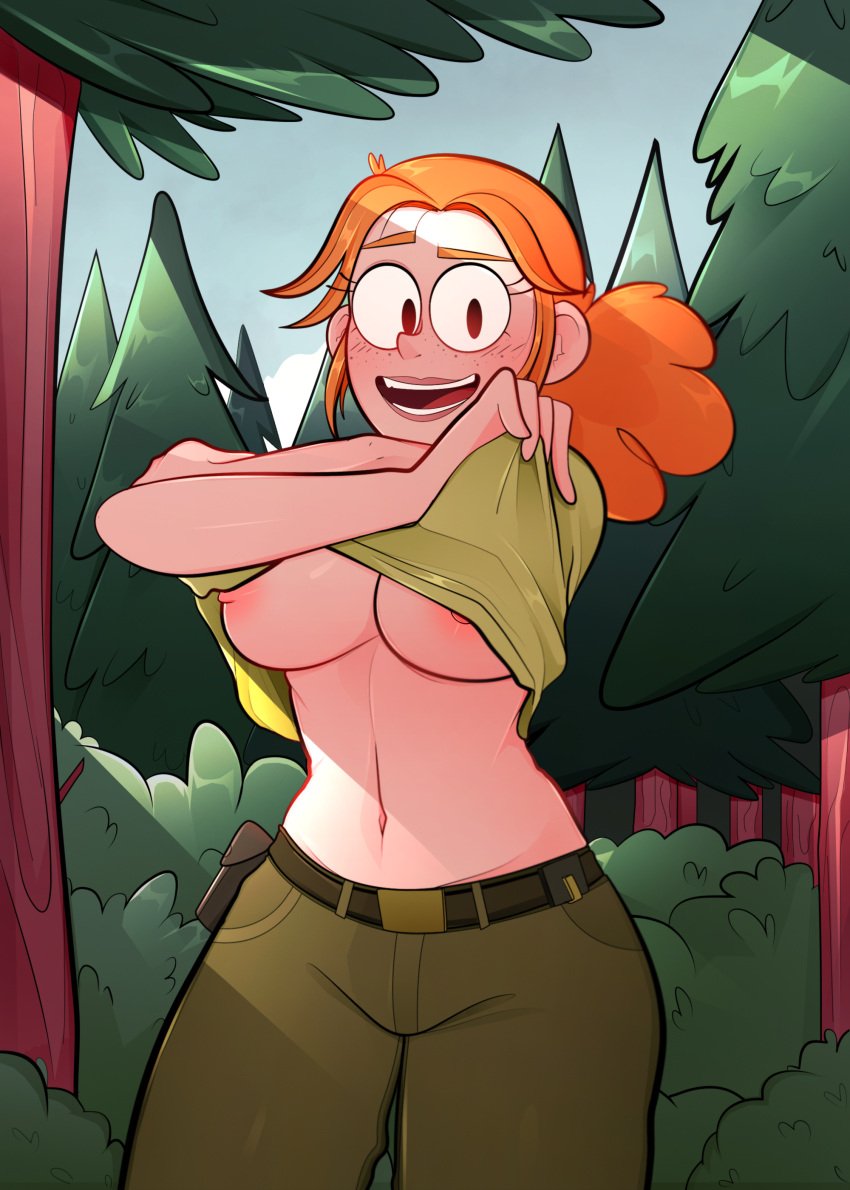 areola_slip arkeus breasts clothing cute exhibitionism female female_only fluffy_hair forest freckles ginger midriff nipples no_bra orange_hair park_ranger ponytail ranger_tabes shirt_lift solo we_bare_bears