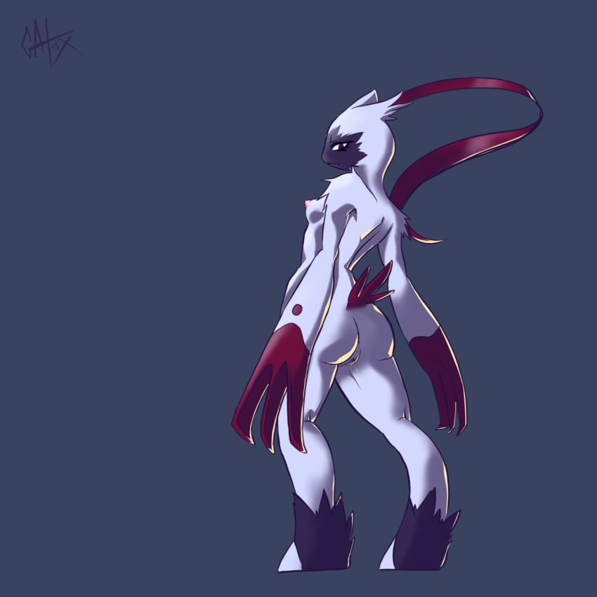 anthro anus ass breasts fangs female fur game_freak gatox_(artist) genitals grey_background hi_res looking_at_viewer looking_back looking_back_at_viewer nintendo nipples nude pokémon_(species) pokemon pokemon_legends:_arceus purple_face pussy simple_background sneasler solo standing video_games white_body white_fur