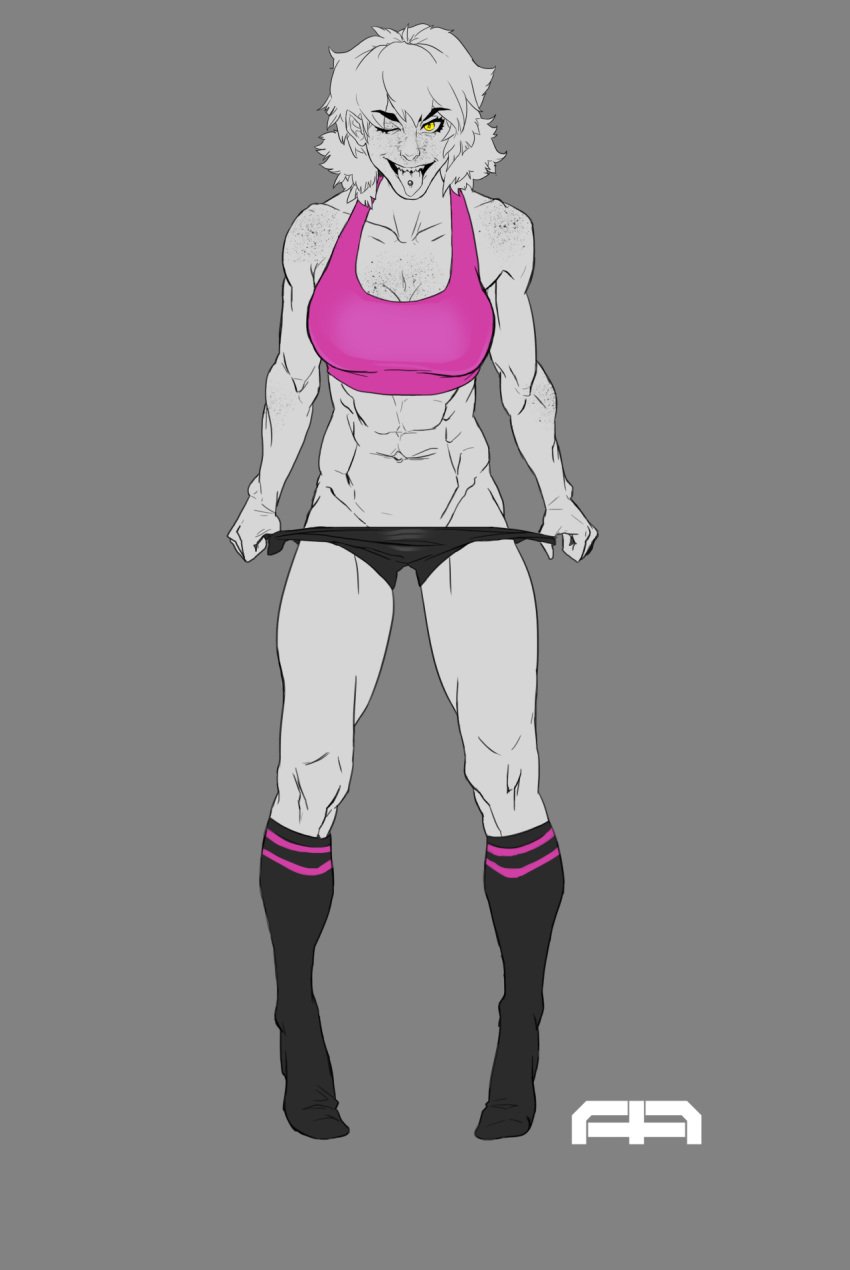 1girls abs andava andavaverse claudia_(andava) freckles fringe grey_background greyscale muscular_female pale-skinned_female pulling_down_pants red_hair removing_clothing sharp_teeth short_hair socks toned_female tongue_out tongue_piercing vampire workout_clothes yellow_eyes