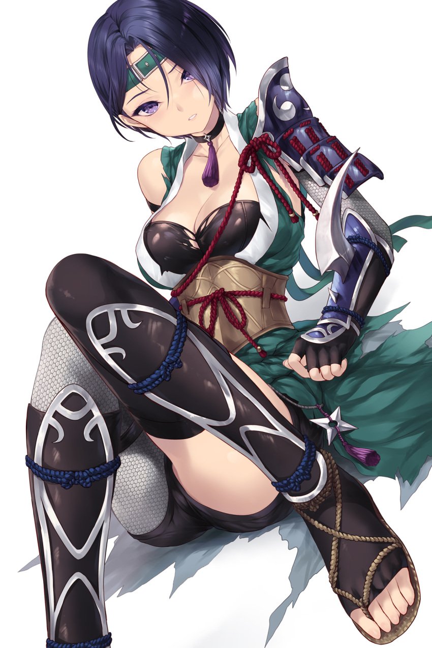 1girls alternate_costume armor asymmetrical_legwear black_choker black_gloves blue_hair breasts cait cait_aron choker cleavage commentary feet female female_only fingerless_gloves fire_emblem fire_emblem:_three_houses fire_emblem_heroes gloves headband highres looking_at_viewer medium_breasts ninja nintendo official_alternate_costume parted_lips purple_eyes sandals shamir_nevrand shamir_nevrand_(ninja) short_hair short_shorts shorts shoulder_armor shuriken simple_background sitting solo thighs torn_clothes weapon white_background