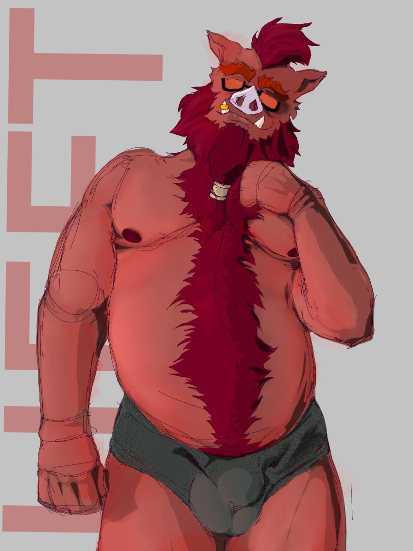 2022 anthro balls_outline belly bulge clothing eyewear genital_outline hi_res humanoid_hands lemonseato male male_focus mammal moobs nipples oswin_(password) overweight overweight_male password_(visual_novel) solo suid suina sunglasses sus_(pig) underwear video_games visual_novel wild_boar