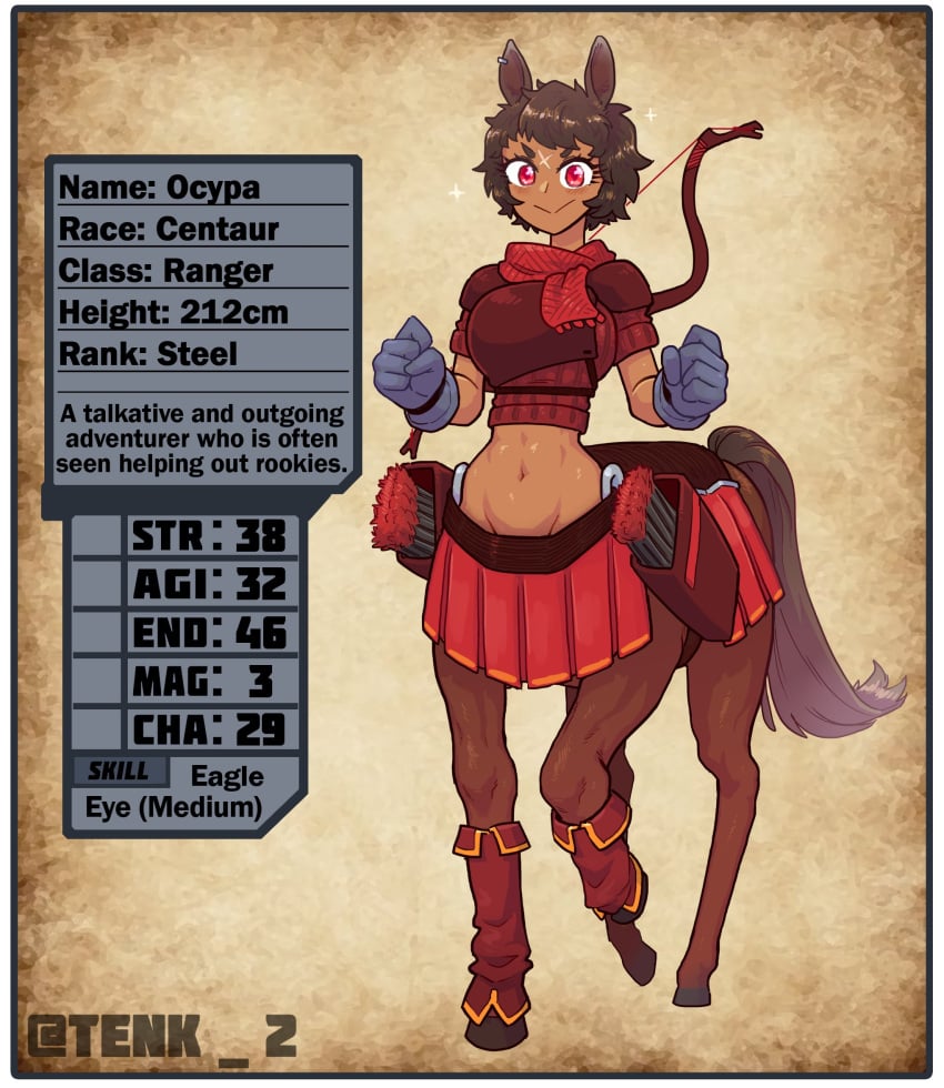 1girls bow bow_(weapon) breasts brown_hair centaur character_name character_profile clothed clothing dark-skinned_female dark_skin english_text female female_only fully_clothed humanoid measurements navel ocypa_(thetenk) red_eyes scar short_hair skirt smile solo standing stats text thetenk