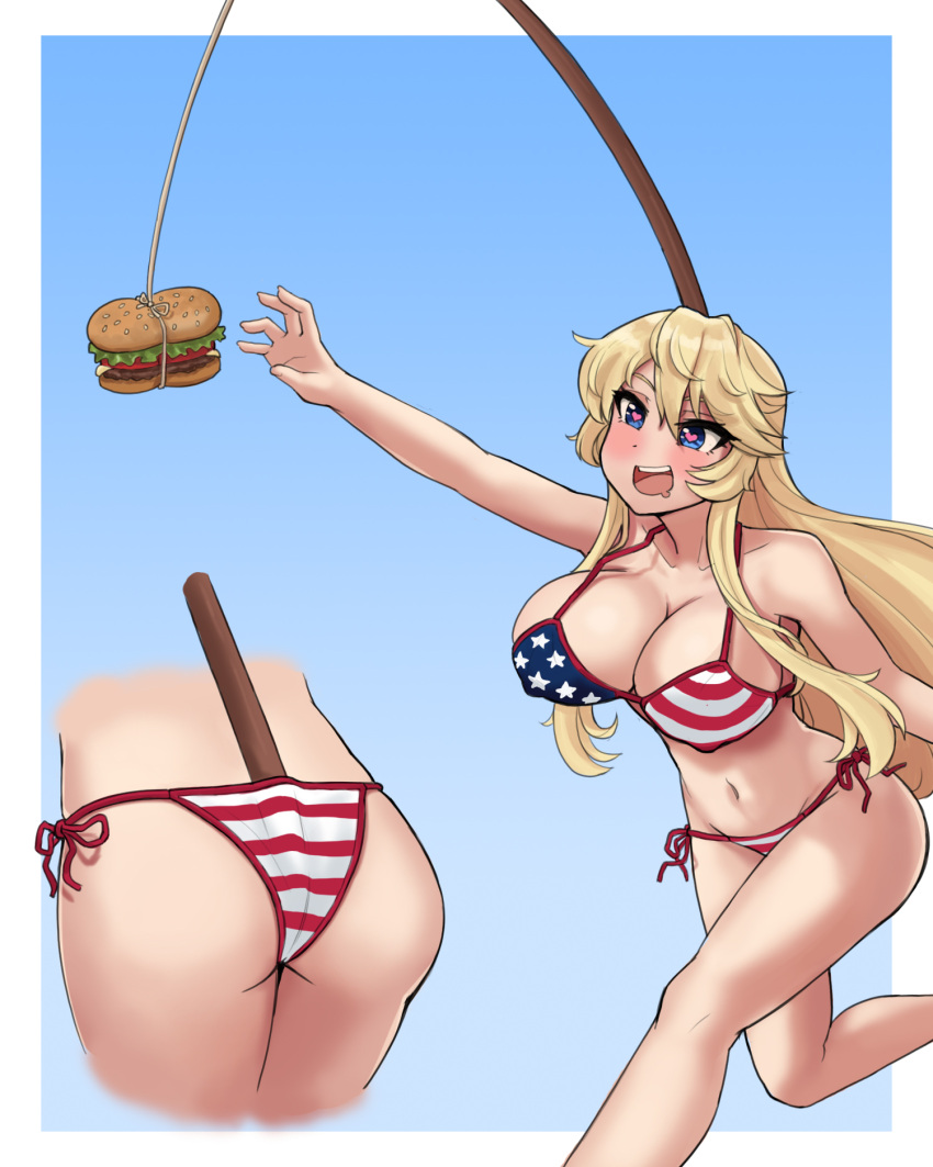 american_flag_bikini ass bikini blonde_hair blue_background blue_eyes breasts burger carrot_on_stick chasing cleavage cowboy_shot donburikazoku drooling female fishing_rod flag_print food gradient gradient_background hanging_food heart heart-shaped_pupils highres inset iowa_(kantai_collection) kantai_collection large_breasts long_hair open_mouth photoshop_(medium) running side-tie_bikini smile solo star_(symbol) swimsuit symbol-shaped_pupils