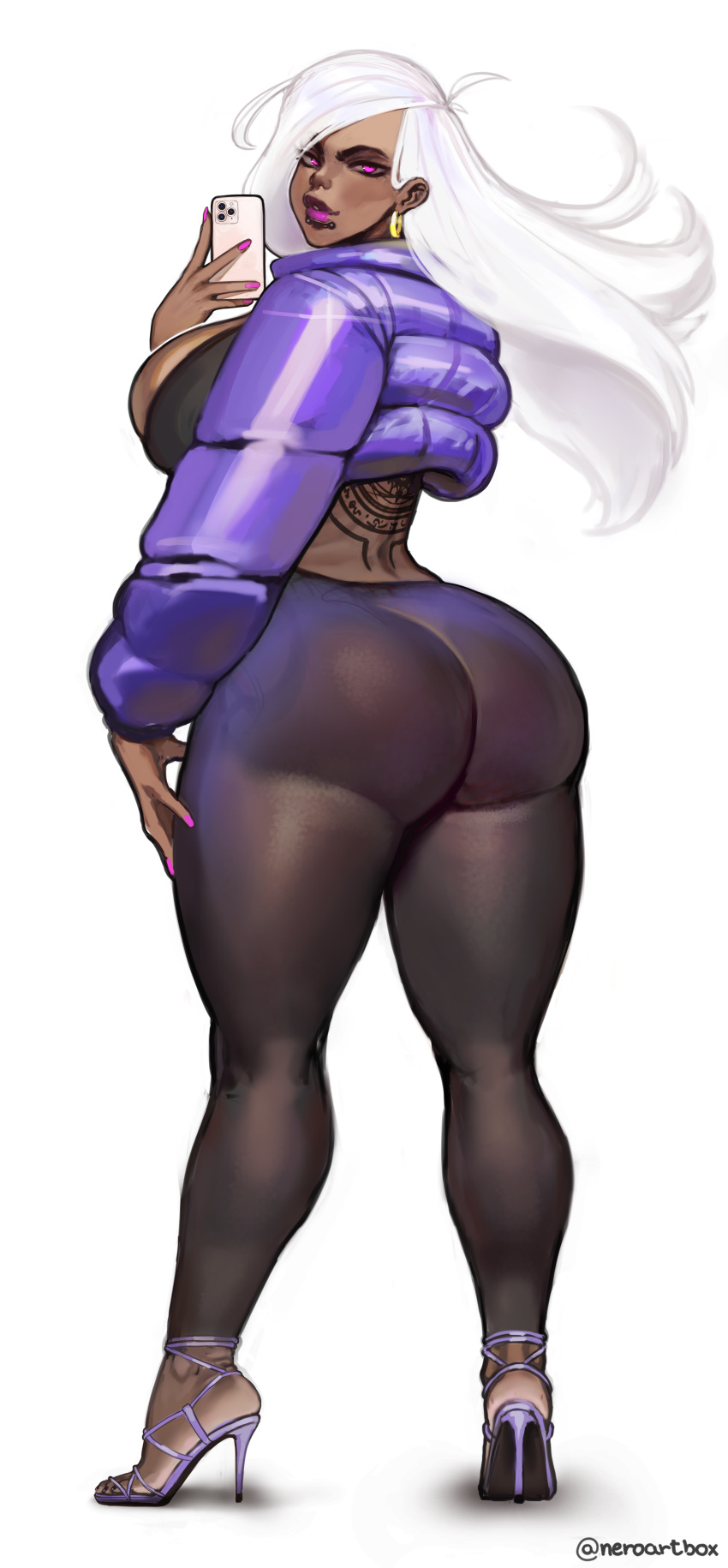 eclipse_(oc) high_heels jewelry neroartbox phone purple_eyes silver_hair tattoo tight_clothing wide_hips