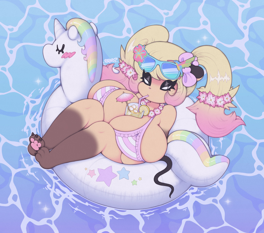 between_breasts bikini_top blonde_hair drink drinking drinking_straw hair_ribbon hyper_breasts inflatable inflatable_toy micro_bikini mouse mouse_ears mouse_tail pawpads pool shortstack skimpy skimpy_bikini skimpy_clothes smutbunny sunglasses sunglasses_on_head tiffy_cheesecake twintails unicorn water young