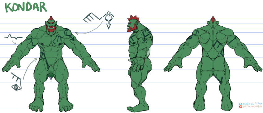 a-pose absurd_res barazoku beard facial_hair flaccid_penis ginger hi_res himbo humanoid kondar male male_only model_sheet mohawk muscular orc red_eyes rickleone solo_male tusks