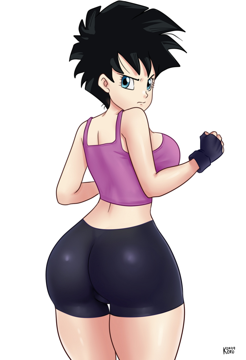 1girls ass big_ass big_breasts blue_eyes breasts dragon_ball dragon_ball_z eye_contact female female_only fingerless_gloves fully_clothed gummslime kero2099 looking_at_viewer looking_back short_hair shorts solo spandex_shorts standing teenager thick_thighs thighs videl