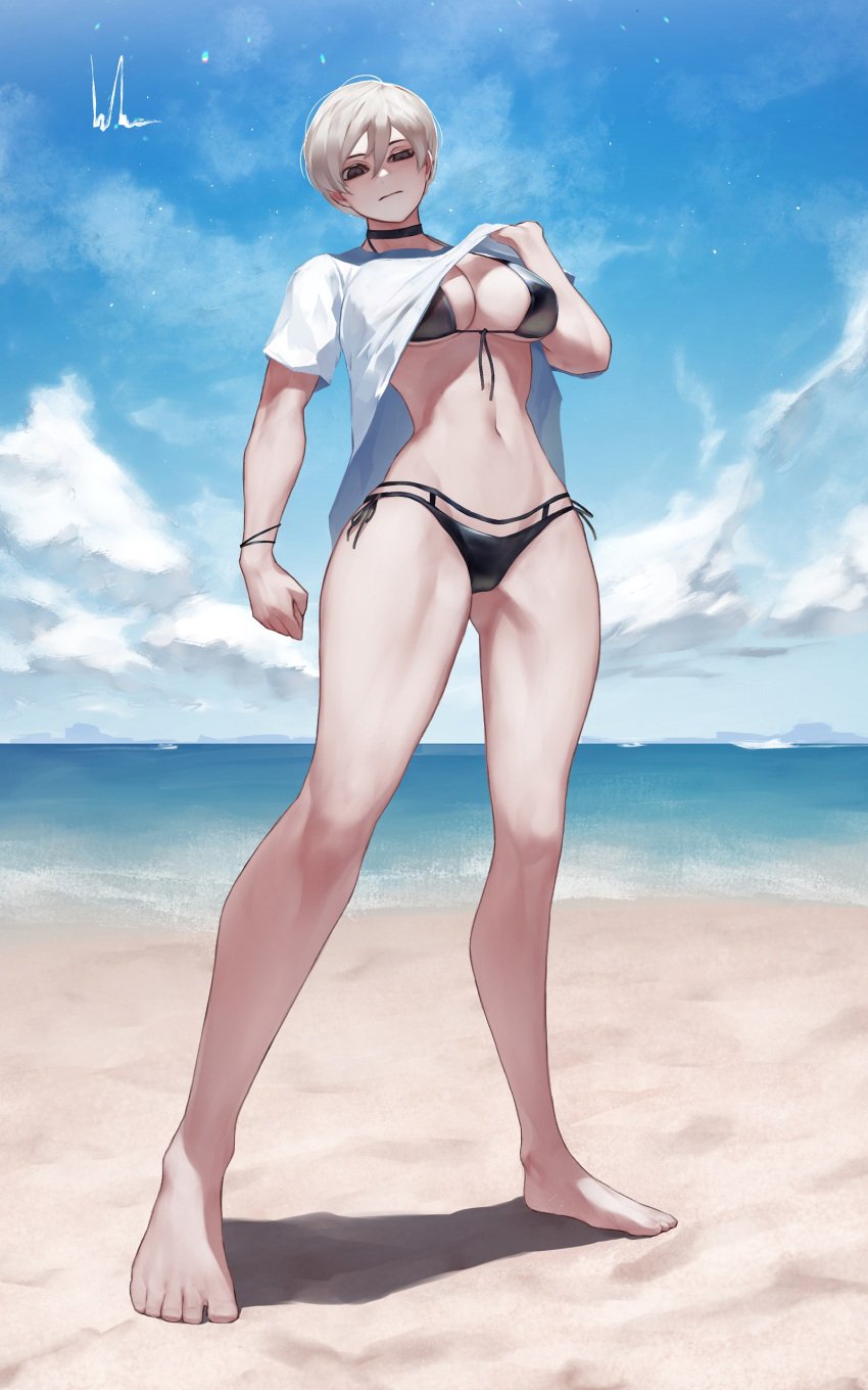 1girls beach bikini bluecup tagme very_short_hair white_hair