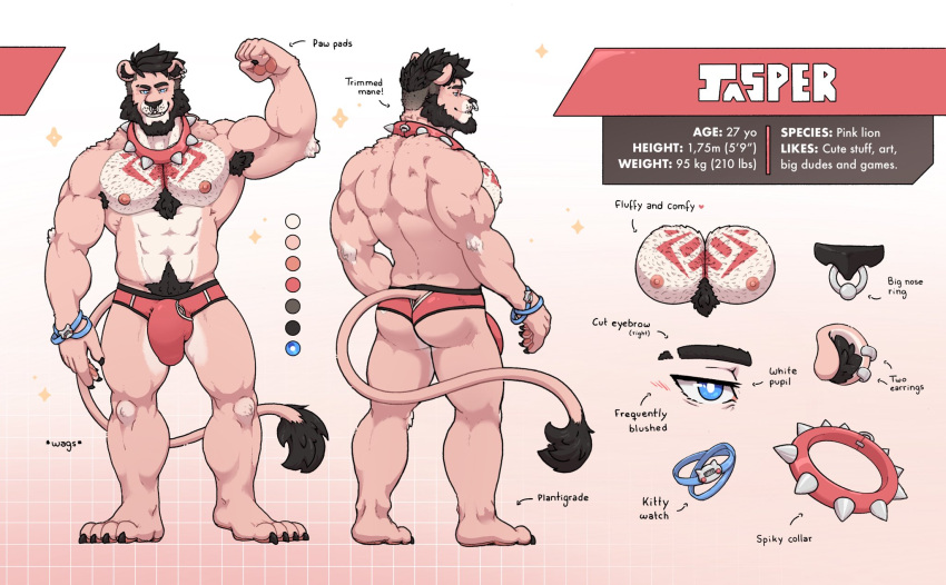 anthro armpit_hair body_hair briefs bulge character_name chest_tuft clothing collar felid fur hi_res jasper_fur jasperfur lion male mammal model_sheet muscular nipples pantherine pecs pink_body pink_fur pink_nipples pubes solo solo_male tuft underwear