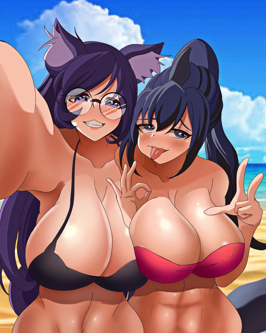 2girls abs beach big_breasts black_bra blue_eyes blue_hair blush bra breasts cleavage clouds collarbone commission day eroswau female female_only glasses kemonomimi large_breasts long_hair looking_at_viewer looking_away maka_(hanns33694210) midriff mitsuki_(hanns33694210) muscular_female navel ocean ok_sign original original_character outdoors outside pale-skinned_female pale_skin pink_bra purple_ears purple_eyes purple_hair purple_tail sand shark_girl shark_tail sky smile stomach swimwear tongue tongue_out water wolf_ears wolf_girl wolf_tail