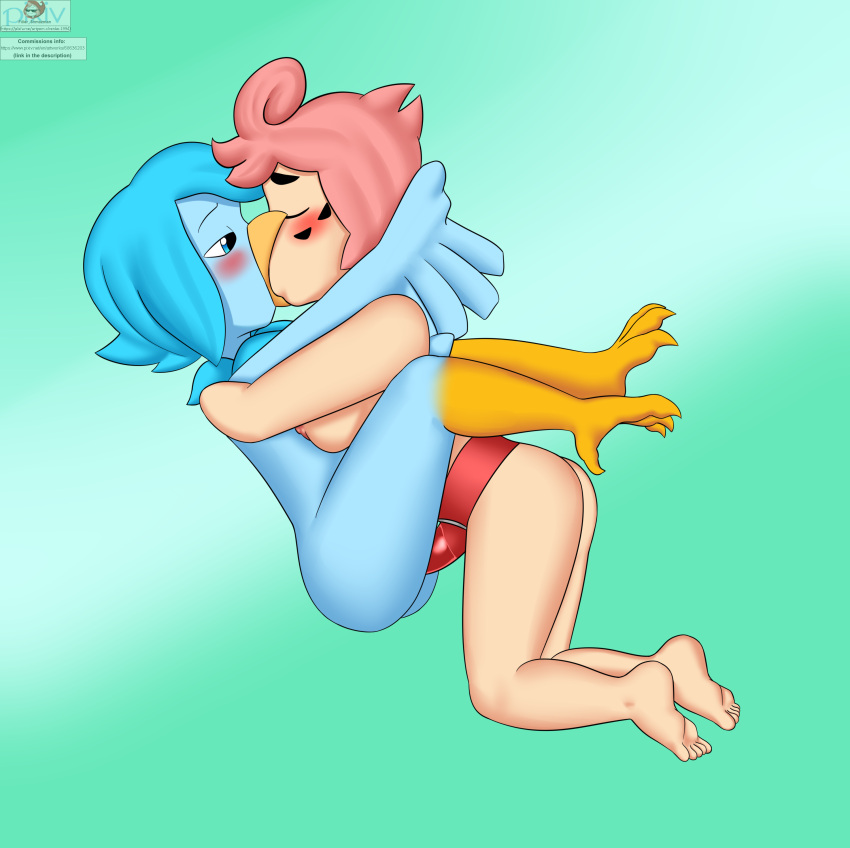 2d 2girls beak blue_feathers feet female female/female female_focus filler_shmazman hugging kissing martlet_(undertale_yellow) multiple_girls pink_hair red_(undertale_red) sex_toy strap-on talons undertale undertale_(series) undertale_fanfiction undertale_red undertale_yellow vaginal_penetration