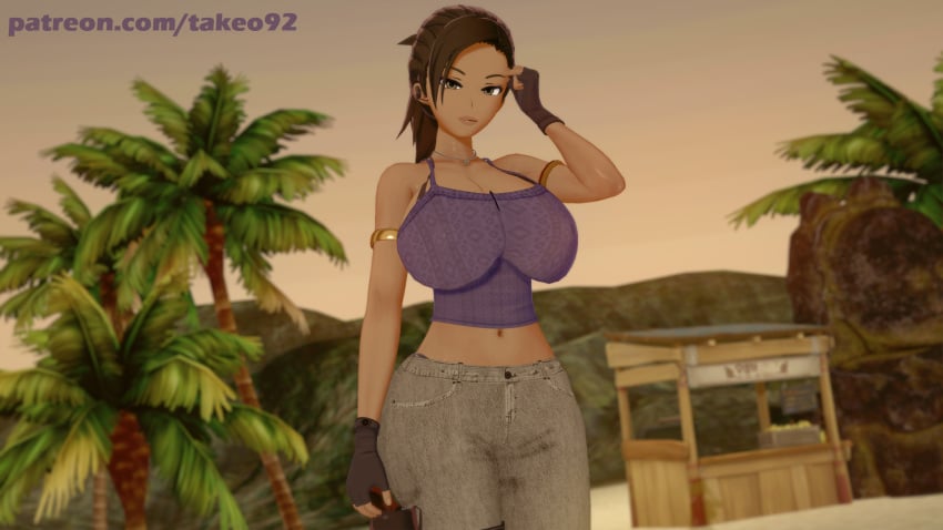 1girls 3d 3d_(artwork) african african_female beach big_breasts brown_eyes brown_hair cleavage clothed clothing curvaceous curvy dark-skinned_female dark_skin female_focus female_only half-closed_eyes huge_breasts large_breasts looking_at_viewer open_mouth palm_tree patreon pinup pinup_pose ponytail resident_evil resident_evil_5 revealing_clothes seductive seductive_look sheva_alomar skimpy_clothes solo sunset takeo92 text thick thick_thighs tight_clothing tight_pants wide_hips