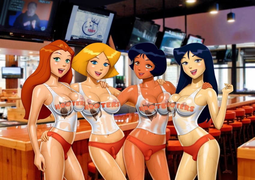 4futas alex_(totally_spies) anonfutashopper_(editor) big_breasts black_hair blonde_hair blue_eyes britney_(totally_spies) brown_eyes bulge bulge_through_clothing cleavage clover_(totally_spies) dark_skin disney_channel drew_gardner exposed_midriff eyeliner futa_focus futa_with_futa futanari green_eyes group hand_on_shoulder holding_hips hooters human intersex open_mouth orange_hair pale_skin red_hair sam_(totally_spies) small_penis sweat totally_spies violet_eyes wet_clothes