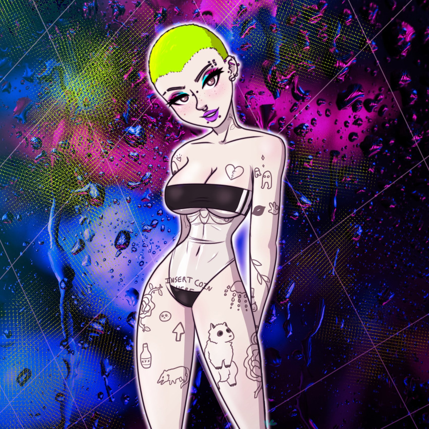 1girls _kitten_candy abstract_background arm_tattoo belly belly_button big_breasts bikini black_tattoo blush bridge_piercing brown_eyes buzz_cut chest_tattoo cleavage ear_piercing eyebrow_piercing eyebrow_slits facial_piercing female female_focus female_only freckles green_hair gris_swimsuit heart_tattoo industrial_piercing leg_tattoo looking_at_viewer makeup neck_tattoo oc original_character pale-skinned_female pale_skin pierced_nose piercing purple_lipstick seductive seductive_eyes seductive_look seductive_smile septum_piercing short_hair skinny snakebite_piercing solo_female swimsuit swimwear tattoo tattoo_on_arm tattoo_on_chest tattoo_on_legs tattoo_on_neck tattoo_on_thigh tattooed_arm tattooed_breast thigh_tattoo thin_waist transparent_clothing underboob vampire vampire_the_masquerade