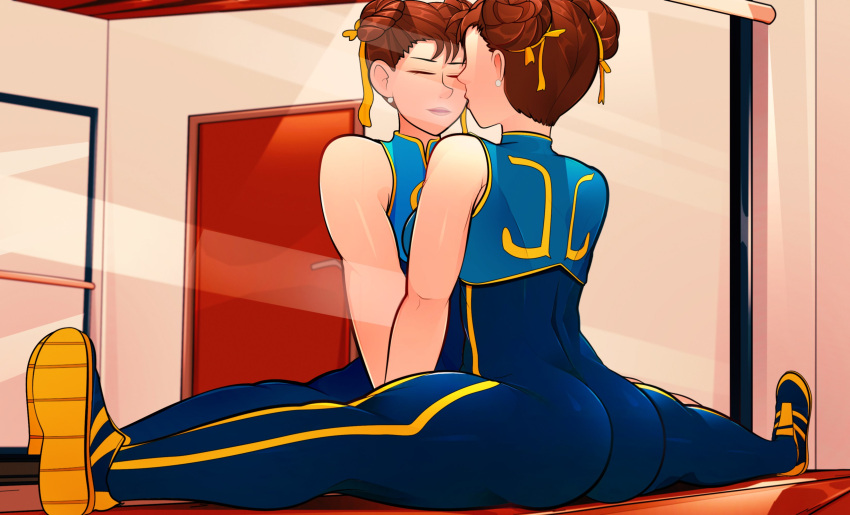 1girls alternate_costume arkeus ass brown_hair capcom chun-li closed_eyes female female_only hair_bun hair_buns mirror mirror_reflection solo solo_female splits street_fighter street_fighter_alpha very_high_resolution