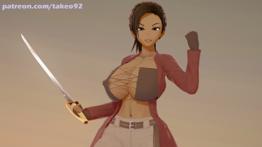 1girls 3d 3d_(artwork) african african_female alternate_costume beach big_breasts brown_eyes brown_hair cleavage clothed clothing coat curvaceous curvy dark-skinned_female dark_skin erect_nipples erect_nipples_under_clothes female_focus female_only fingerless_gloves fist holding_weapon huge_breasts large_breasts looking_at_viewer open_mouth patreon pinup pinup_pose pirate ponytail posing resident_evil resident_evil_5 revealing_clothes sheva_alomar skimpy skimpy_clothes solo string_bikini sunset sword takeo92 text thick thick_thighs tight_clothing wide_hips