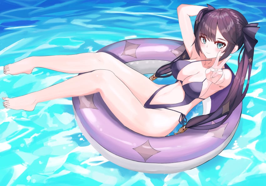 alternate_costume breasts cine_(artist) cyan_eyes female genshin_impact hand_on_head highleg highleg_swimsuit looking_at_viewer midriff mona_(genshin_impact) one-piece_swimsuit outdoors outside purple_hair purple_swimsuit side-tie_swimsuit solo swimsuit tagme