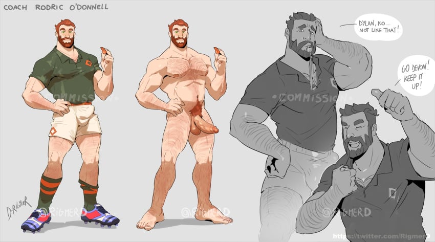 1boy beefy big_penis bulge coach concept_art daddy dilf erection ginger hairy male_only manly rigmerd rodric_o’donnell twitter_user_oc uncut verbal