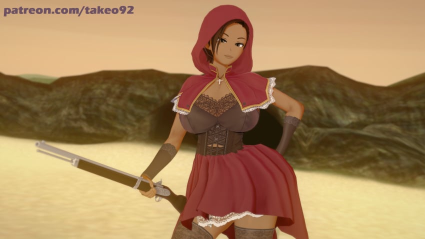 1girls 3d 3d_(artwork) african african_female alternate_costume beach big_breasts brown_eyes brown_hair cleavage clothed clothing corset cosplay curvaceous curvy dark-skinned_female dark_skin female_focus female_only grimms'_fairy_tales hood huge_breasts large_breasts little_red_riding_hood little_red_riding_hood_(cosplay) little_red_riding_hood_(grimm) looking_at_viewer miniskirt patreon pinup pinup_pose resident_evil resident_evil_5 revealing_clothes rifle sheva_alomar skimpy_clothes solo sunset takeo92 text thick thick_thighs tight_clothing wide_hips wristband