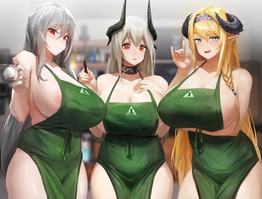 3girls arknights big_breasts blonde_hair blue_eyes breasts busty grey_hair horn huge_breasts iced_latte_with_breast_milk large_breasts meme mo_ne mudrock_(arknights) red_eyes saileach_(arknights) skadi_(arknights) thick_thighs thighs voluptuous waitress waitress_uniform white_hair