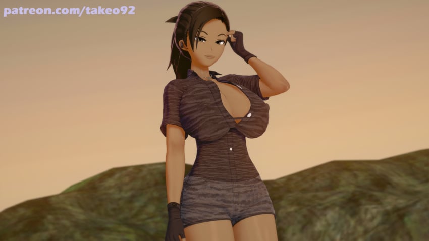 1girls 3d 3d_(artwork) african african_female alternate_costume beach big_breasts brown_eyes brown_hair camouflage cleavage clothed clothing curvaceous curvy dark-skinned_female dark_skin erect_nipples erect_nipples_under_clothes female_focus female_only fingerless_gloves huge_breasts large_breasts looking_at_viewer patreon pinup pinup_pose ponytail posing resident_evil resident_evil_5 revealing_clothes seductive seductive_smile sheva_alomar shirt shorts skimpy_clothes solo sunset takeo92 text thick thick_thighs tight_clothing topwear wide_hips