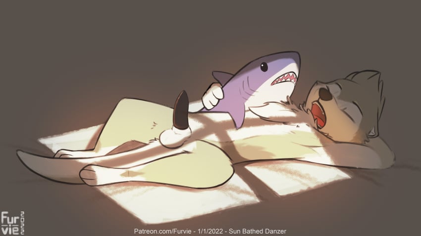 2022 absurd_res anthro balls closed_eyes danzer digital_drawing_(artwork) digital_media_(artwork) erection fish fur furry furry_only furvie genitals grey_body grey_fur hair hi_res lutrine lying male male_only mammal marine mustelid nude on_back open_mouth penis plushie shark simple_background sleeping snoring solo tail