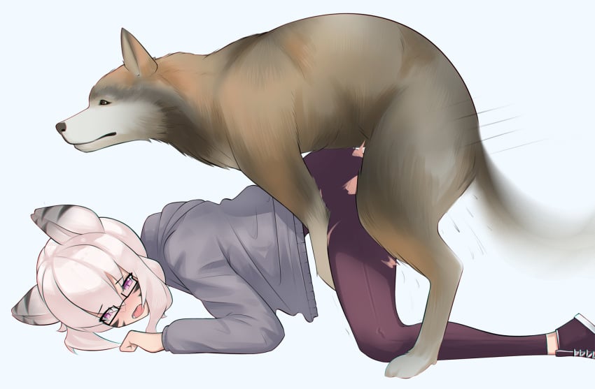 1animal 1girls ambiguous_penetration animal_ears ass_up domestic_dog glasses humanoid interspecies moaning mounting original ripped_clothing ripped_pants thighs voiddoke zoophilia