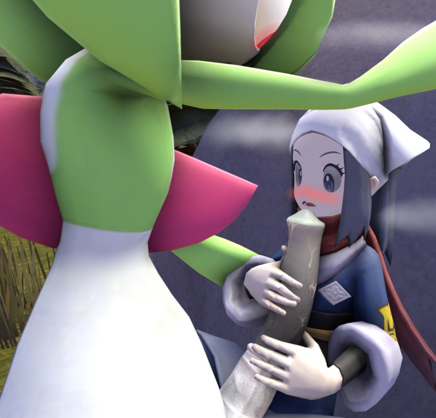 1boy 1girls 3d akari_(pokemon) alpha_pokémon anthro armwear blush clothing erection female female_human femsub fully_clothed gardevoir headwear height_difference horsecock human interspecies male male_gardevoir maledom monster_cock open_mouth otk-sage outside pale-skinned_female pale_skin penis pokemon pokemon_(species) pokemon_legends:_arceus pokephilia red_eyes red_eyes_male shorter_female taller_male topwear