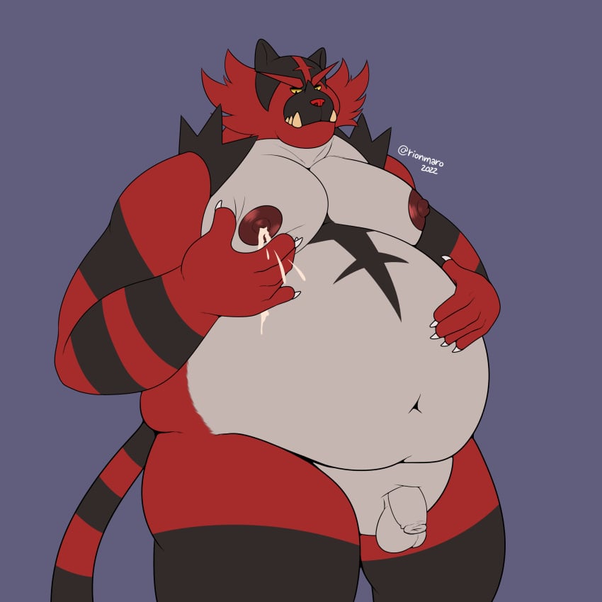 absurd_res anthro bodily_fluids flaccid foreskin fupa genitals hi_res incineroar lactating male male_lactation male_only nintendo obese obese_male overweight overweight_male penis pok&eacute;mon_(species) pokemon rionmaro small_penis solo video_games