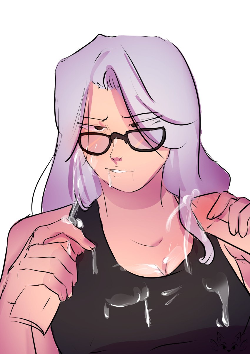 artist_request breasts cum cum_in_mouth cum_on_breasts cum_on_face disembodied_penis fiona_stewart glasses grand_theft_auto grand_theft_auto_v handjob nopixel penis tagme_(artist) unseen_male_face white_hair