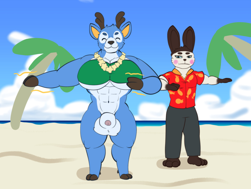 2021 abs animal_crossing anthro antlers balls bam_(animal_crossing) beach big_balls big_penis blue_body blue_fur bottomless brown_body brown_fur cervid closed_eyes clothed clothing dancing digital_drawing_(artwork) digital_media_(artwork) duo fur genitals genji_(animal_crossing) happy horn lagomorph lei leporid male mammal muscular muscular_male nintendo palm_tree penis plant rabbit seaside smile standing thick_thighs tree vezerem video_games white_body white_fur