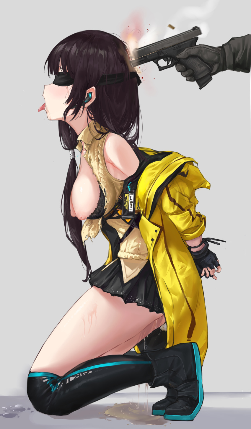 absurdres bare_shoulders black_hair black_skirt blush brown_sweater_vest commission death execution eyebrows_visible_through_hair female female_death from_side full_body girls'_frontline guro highres jacket kneeling long_hair mod3_(girls'_frontline) multicolored_hair open_mouth peeing peeing_self piss restrained ro635_(girls'_frontline) sawkm second-party_source simple_background skirt solo sweater_vest torn_clothes urinating urinating_female urine yellow_eyes yellow_jacket