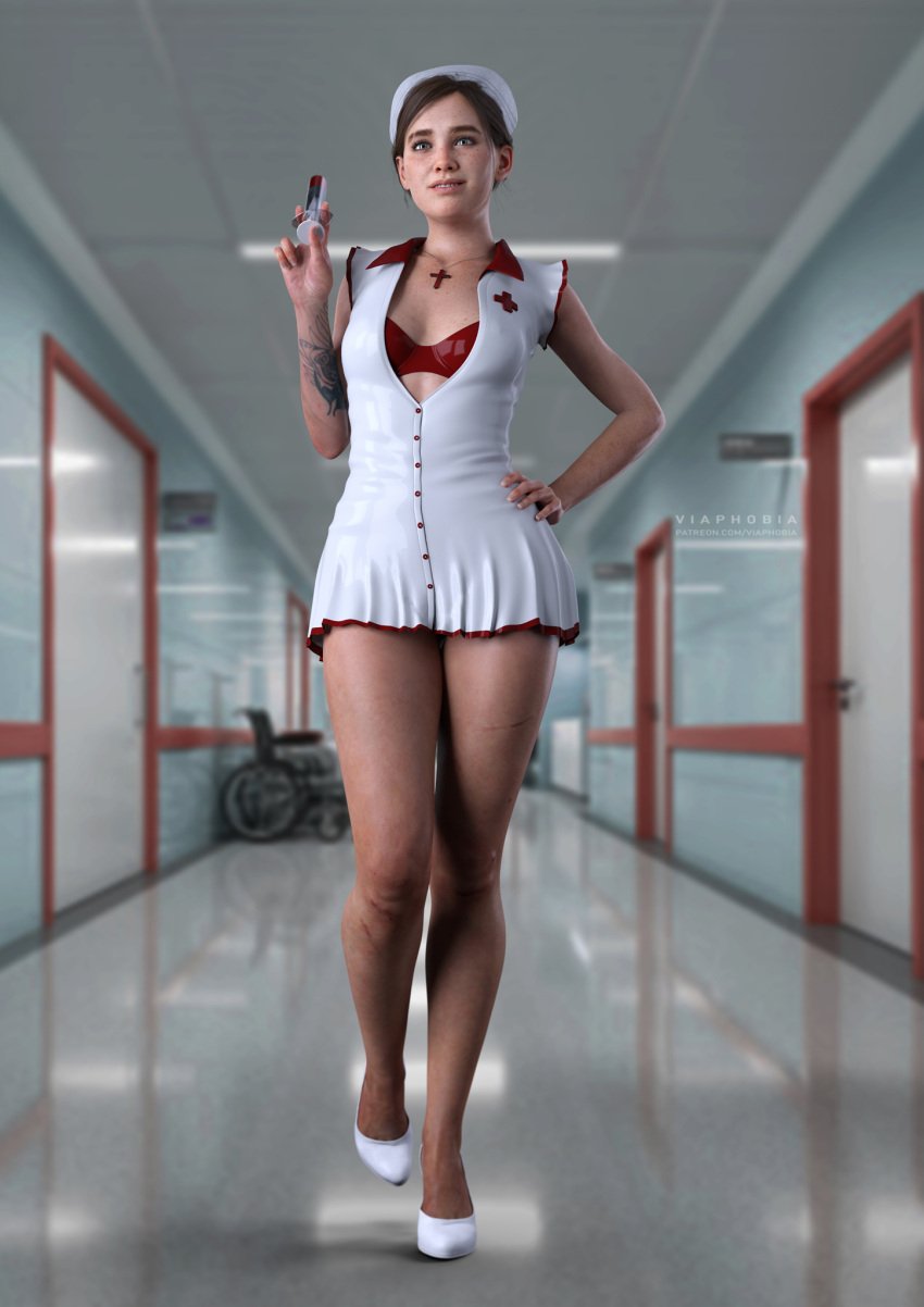 1girls 3d 3d_(artwork) athletic_female bare_arms bare_legs bare_thighs blue_eyes bra brown_hair cleavage curvy curvy_figure cute daz3d daz_studio ellie_(the_last_of_us) ellie_williams female female_focus female_only freckles green_eyes heels hi_res hospital hourglass_figure latex latex_bra latex_dress legs low-angle_view miniskirt naughty_dog necklace nurse nurse_cap nurse_uniform open_blouse pinup red_bra scar sensual short_hair skirt small_breasts smile solo solo_female solo_focus sony_interactive_entertainment syringe tattoo the_last_of_us the_last_of_us_2 toned_legs viaphobia