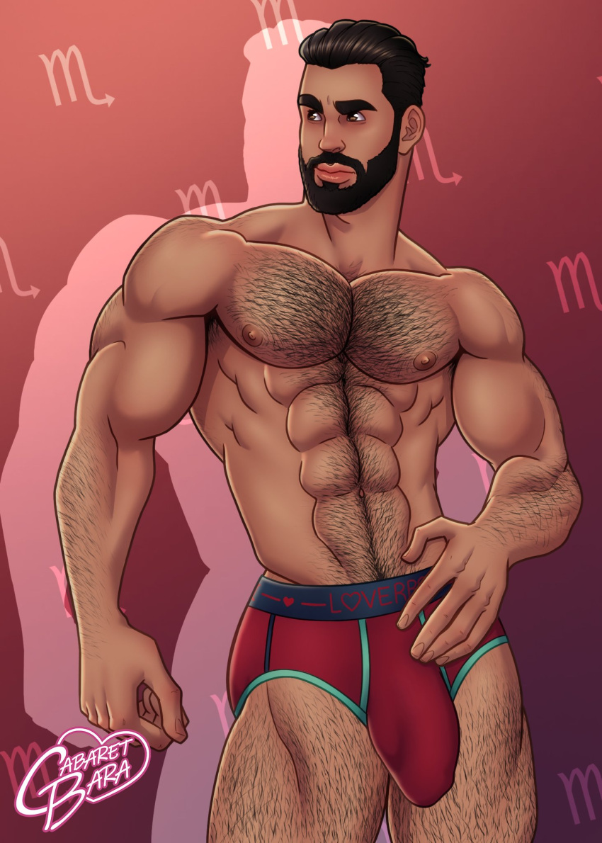 big_bulge briefs briefs_only bulge cabaret_bara cabaret_bara_series hairy male male_only muscular nikolaos_(cabaret_bara) scorpio solo_male underwear zodiac_sign