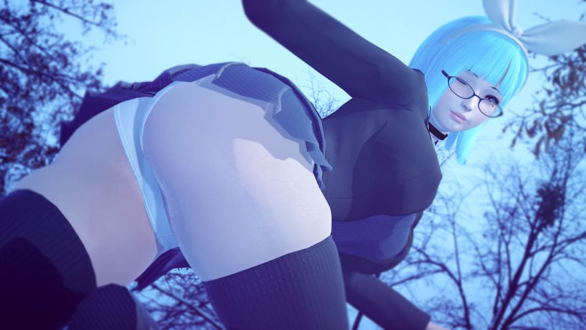 1girls 3d 3d_(artwork) ahwlly ahwlly_(artist) big_ass big_breasts big_butt black_legwear blazer blue_hair bob_cut choker fat_ass female female_only glasses head_ribbon headband large_ass large_breasts legwear looking_at_viewer looking_back mole mole_under_eye pink_eyes ribbon self_insert self_upload short_hair skirt smile snow solo sweater thick_thighs thighhighs thighs trees uniform upskirt white_panties